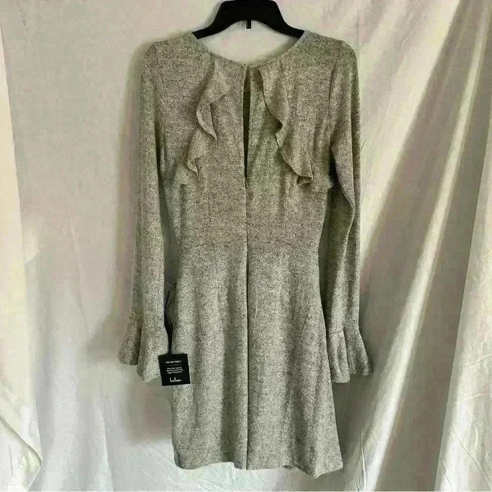 Lulus Favorite Tune Heather Gray Faux Wrap Dress with bell sleeves Size S - Picture 2 of 3